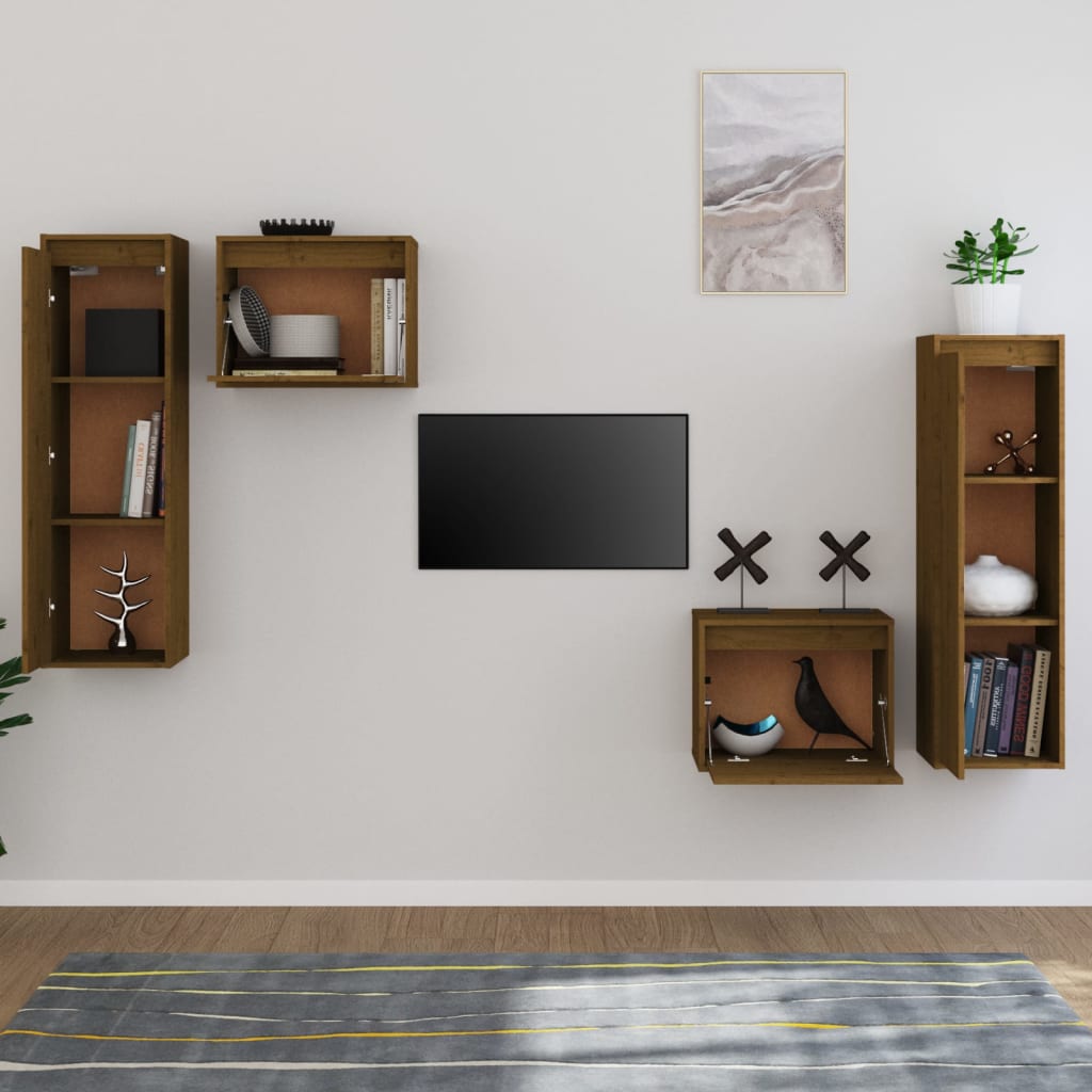 vidaXL Szafki pod TV, 4 szt., miodowy brąz, lite drewno sosnowe