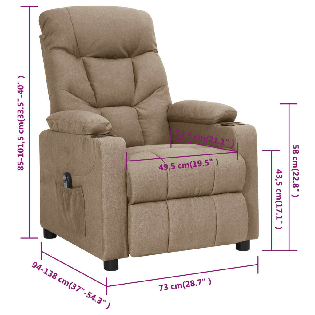 vidaXL Elektryczny fotel rozkładany, kolor taupe, obity tkaniną