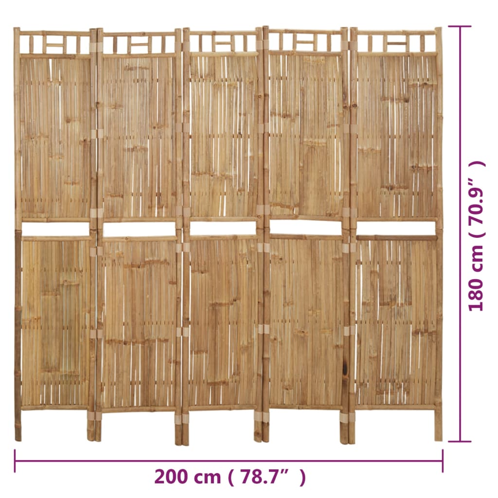 vidaXL Parawan 5-panelowy, bambusowy, 200 x 180 cm
