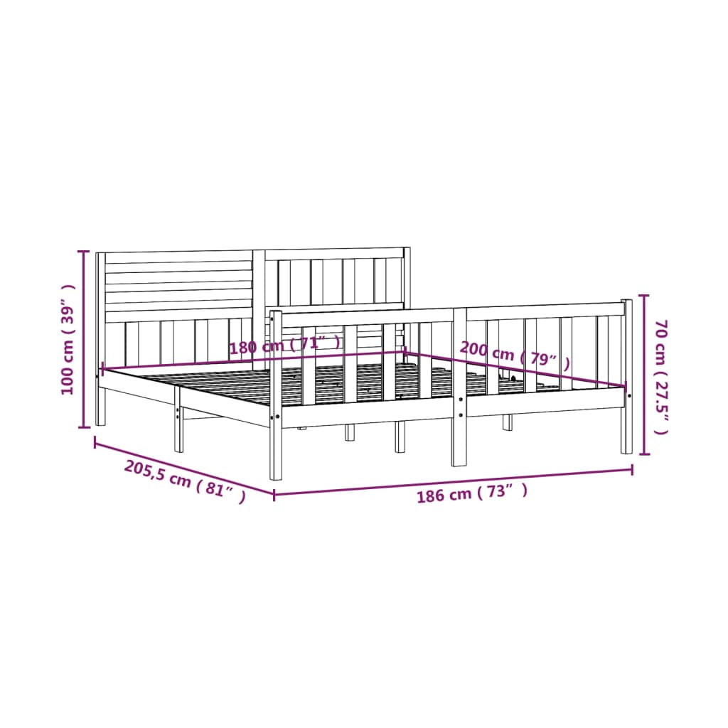 vidaXL Rama łóżka, 180x200 cm, lite drewno