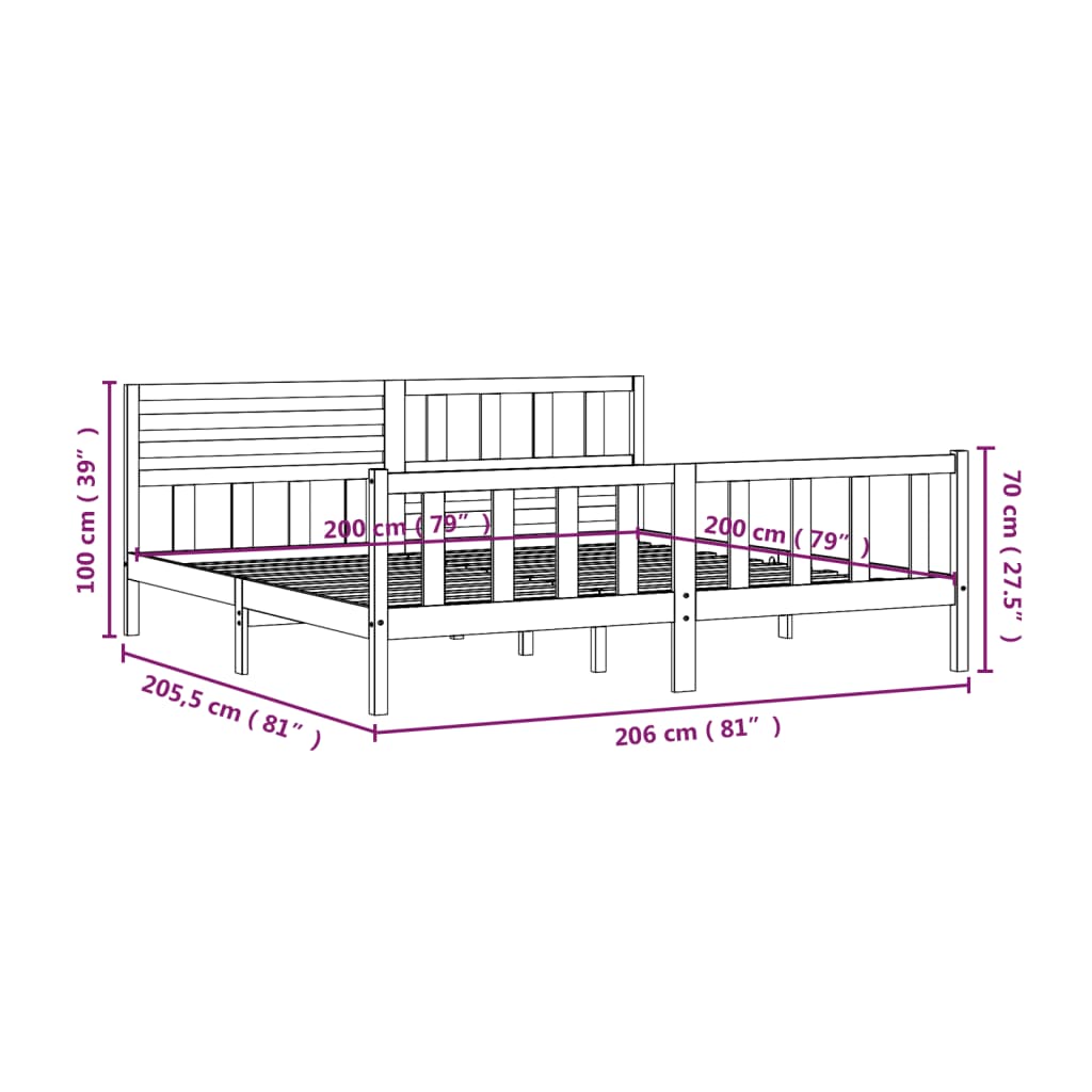 vidaXL Rama łóżka, szara, lite drewno, 200 x 200 cm