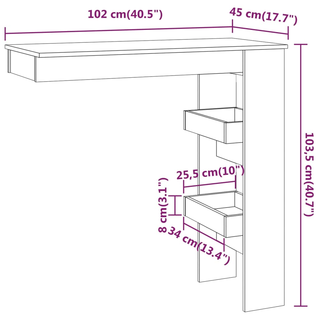 vidaXL Stolik barowy, szary, 102x45x103,5 cm, materiał drewnopochodny