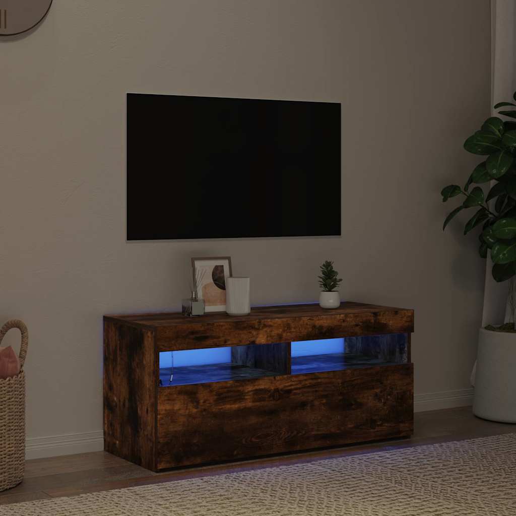 vidaXL Szafka pod TV z oświetleniem LED, przydymiony dąb, 90x35x40 cm