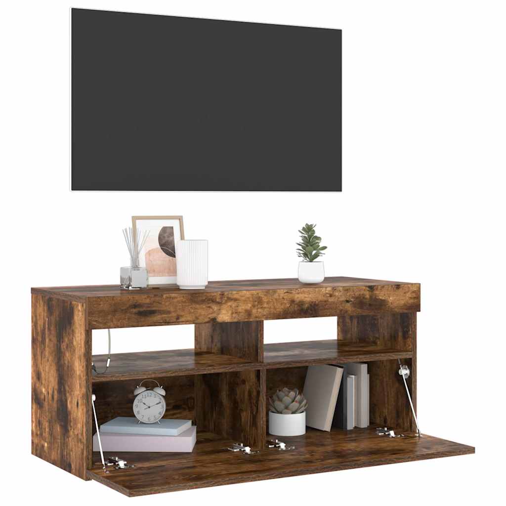 vidaXL Szafka pod TV z oświetleniem LED, przydymiony dąb, 90x35x40 cm