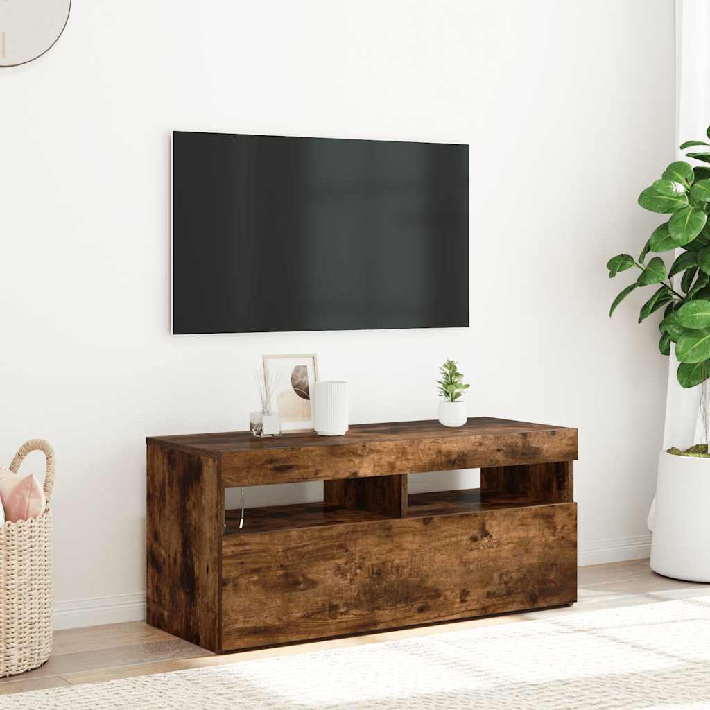 vidaXL Szafka pod TV z oświetleniem LED, przydymiony dąb, 90x35x40 cm