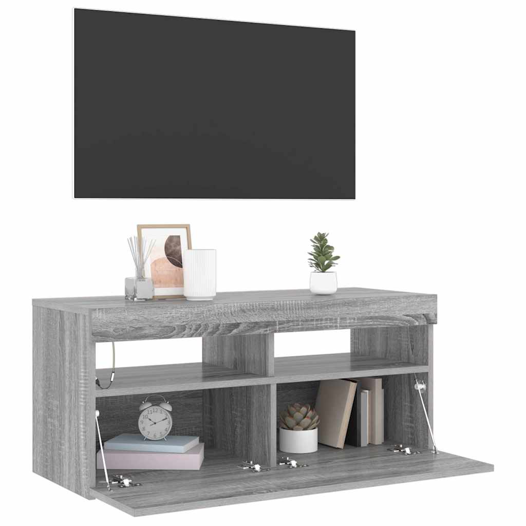 vidaXL Szafka pod TV z oświetleniem LED, szary dąb sonoma, 90x35x40 cm