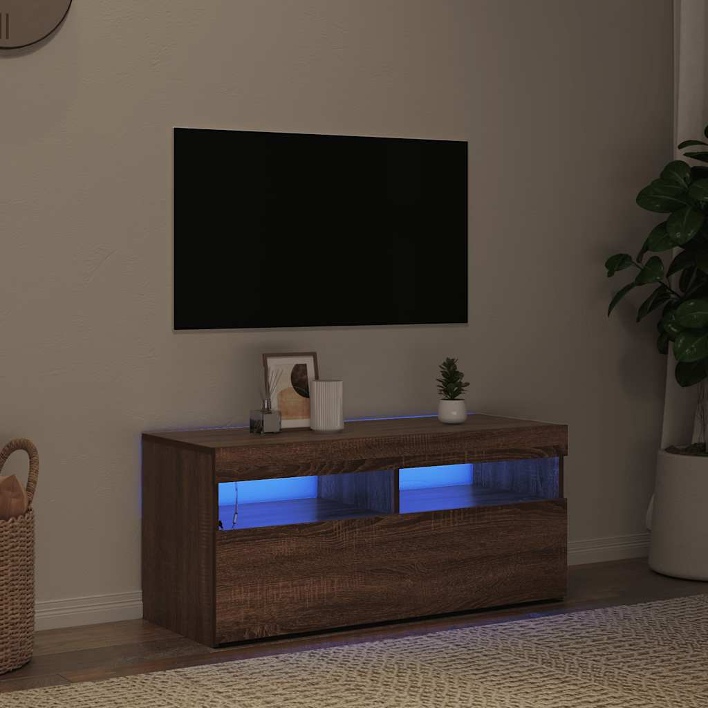 vidaXL Szafka pod TV z oświetleniem LED, brązowy dąb, 90x35x40 cm