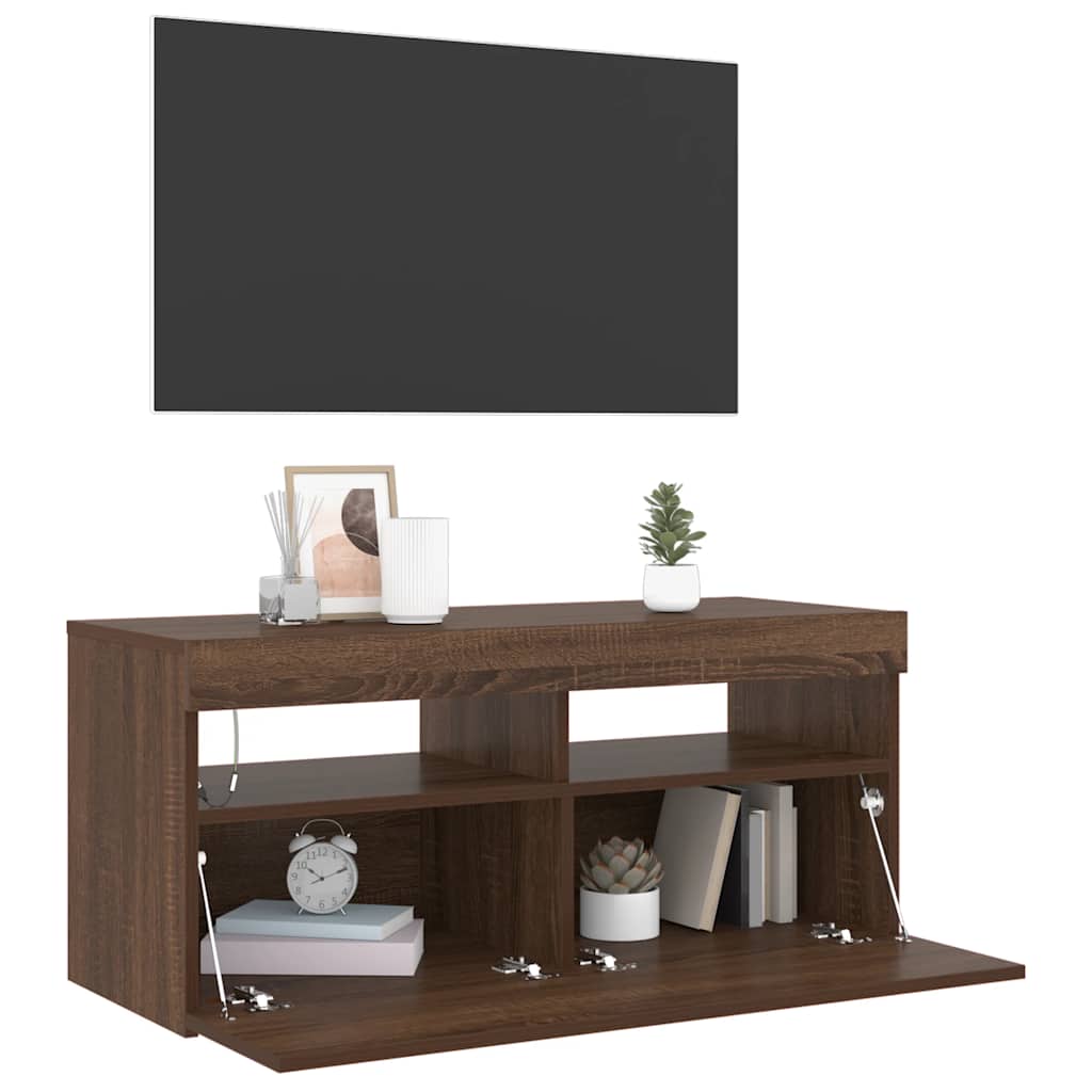 vidaXL Szafka pod TV z oświetleniem LED, brązowy dąb, 90x35x40 cm