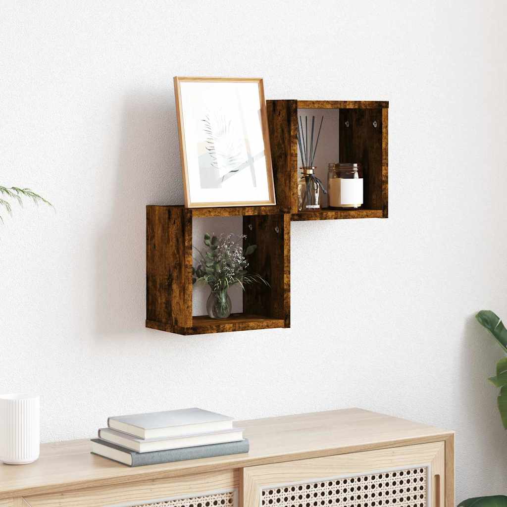 vidaXL Półki ścienne z półką 2 pcs Dąb wędzony 26 x 15 x 26 cm