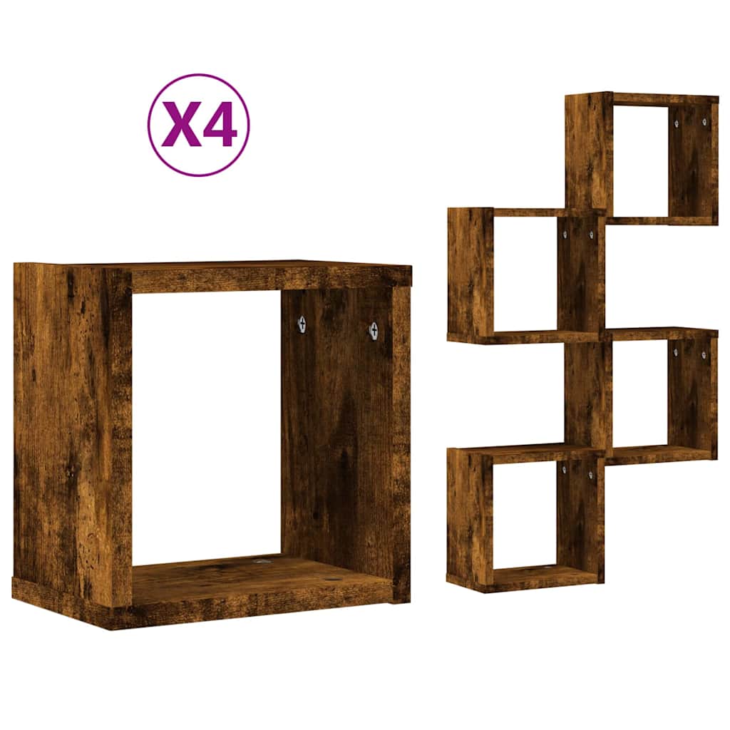 vidaXL Półki ścienne z półką 4 pcs Dąb wędzony 26 x 15 x 26 cm