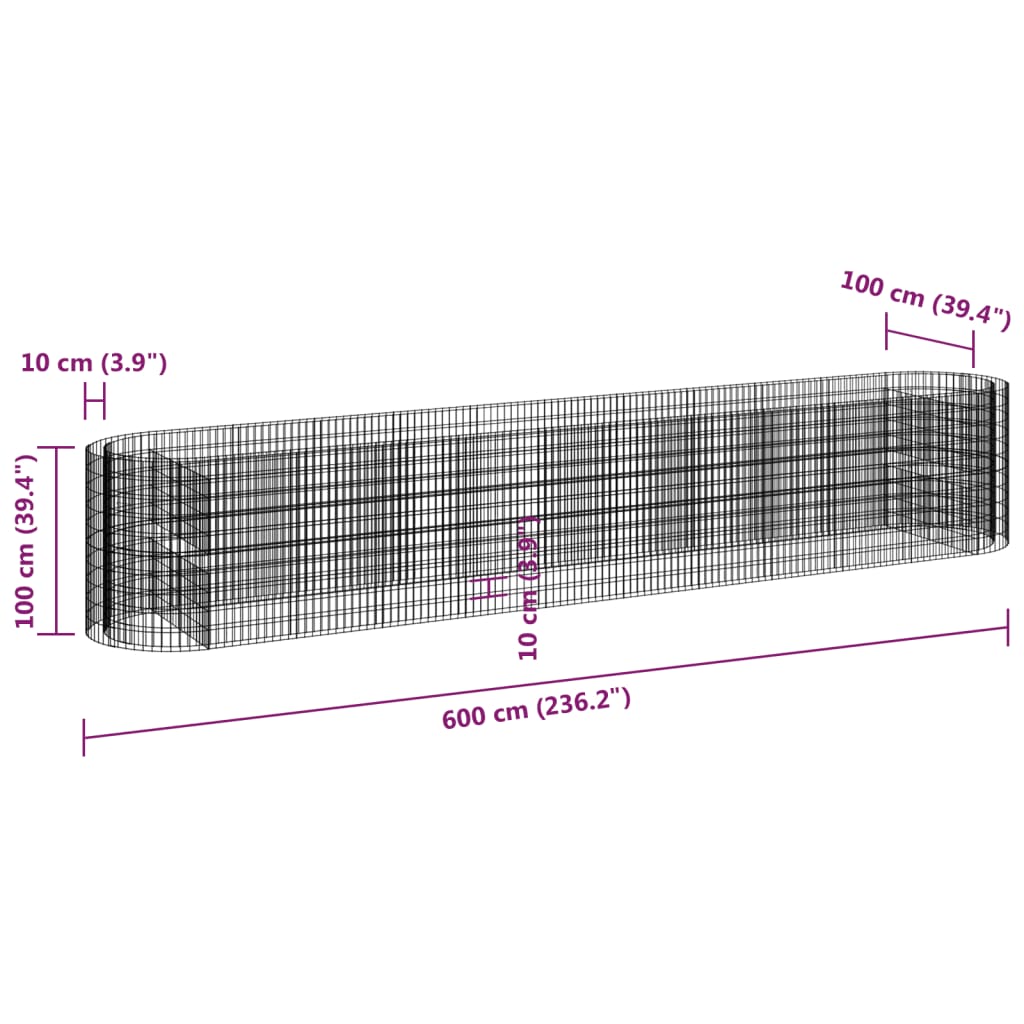 vidaXL Podwyższona donica gabionowa galwanizowane żelazo 600x100x100cm