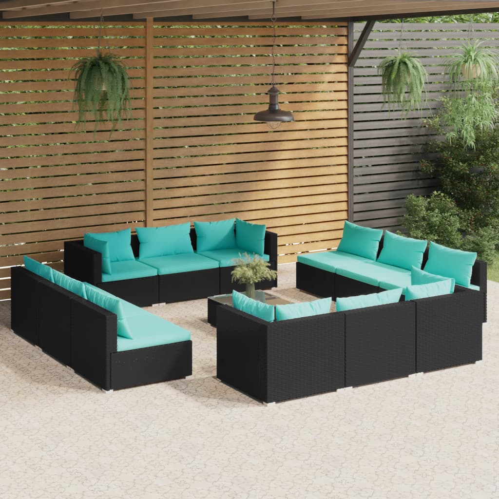 vidaXL 13-cz. zestaw mebli do ogrodu, poduszki, rattan PE, czarny