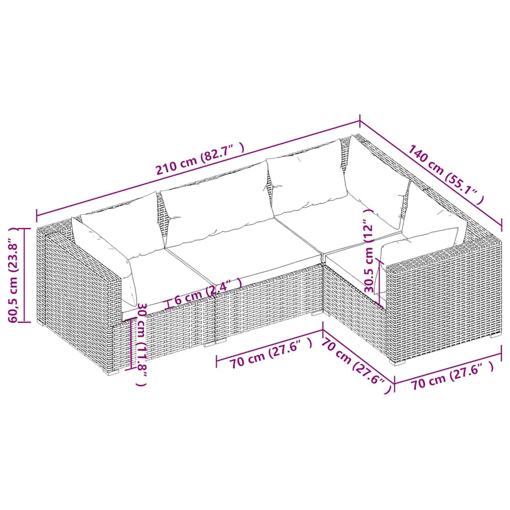 vidaXL 4-cz. zestaw wypoczynkowy do ogrodu, poduszki, rattan PE, brąz