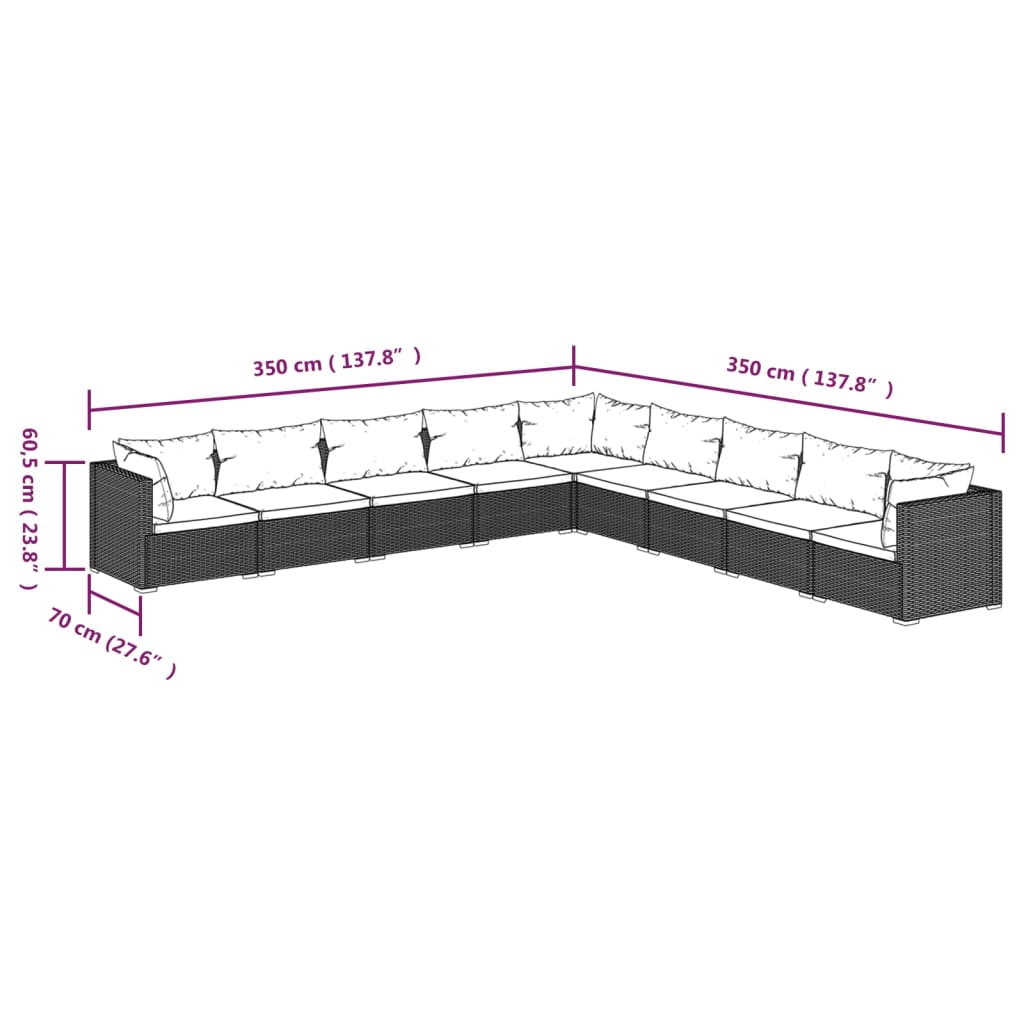vidaXL 9-cz. zestaw wypoczynkowy do ogrodu, poduszki, rattan PE szary