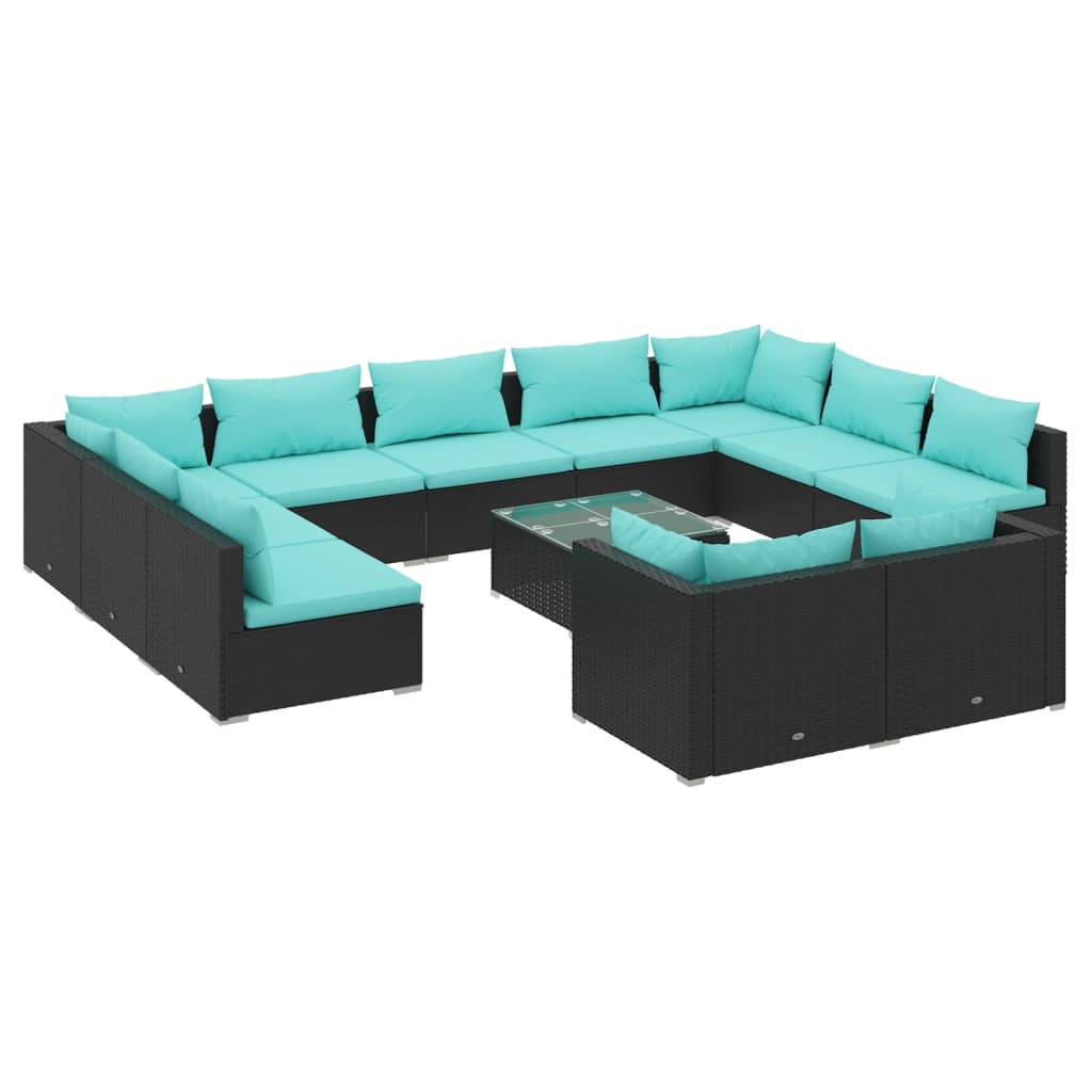 vidaXL 12-cz. zestaw mebli do ogrodu, z poduszkami, rattan PE, czarny