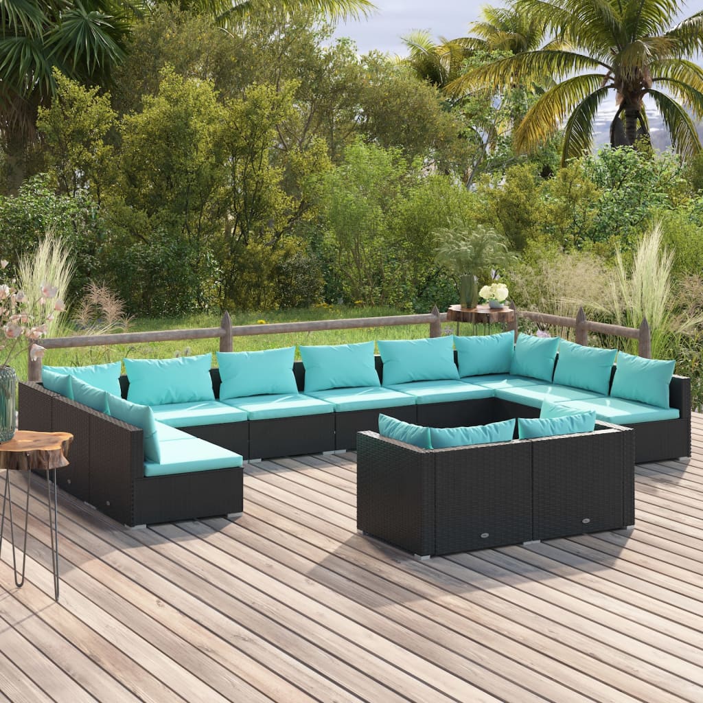 vidaXL 12-cz. zestaw mebli do ogrodu, z poduszkami, rattan PE, czarny
