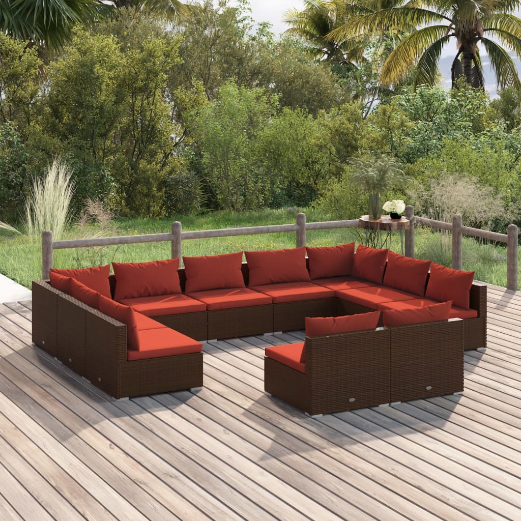 vidaXL 11-cz. zestaw wypoczynkowy do ogrodu, poduszki, rattan PE, brąz
