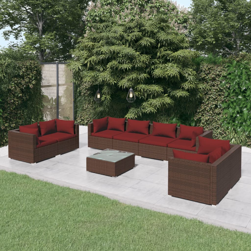 vidaXL 9-cz. zestaw wypoczynkowy do ogrodu, poduszki, rattan PE, brąz