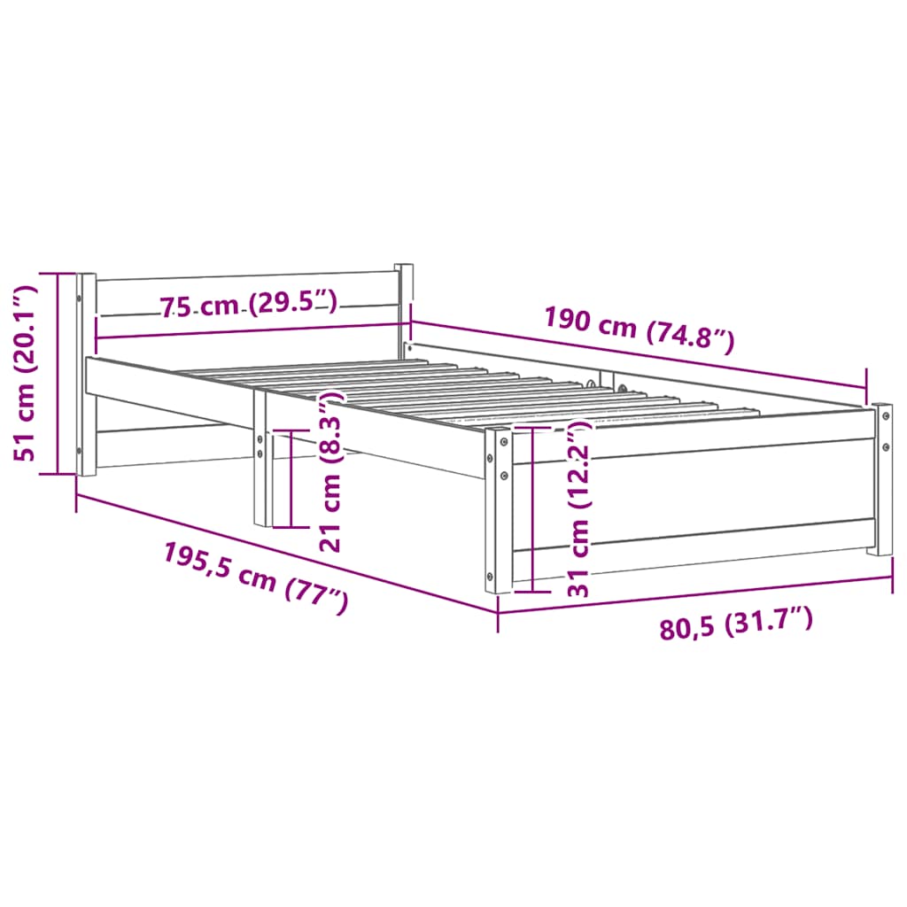vidaXL Rama łóżka, lite drewno, 75x190 cm, pojedyncza
