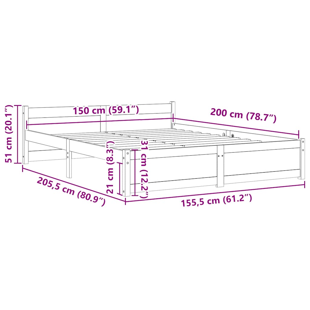 vidaXL Rama łóżka, lite drewno, 150x200 cm