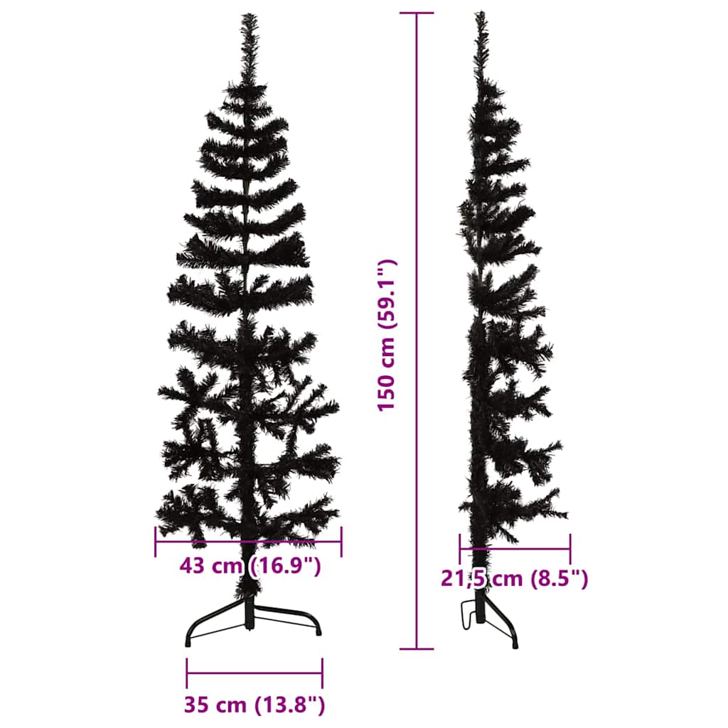 vidaXL Smukła choinka połówka ze stojakiem, sztuczna, czarna, 150 cm