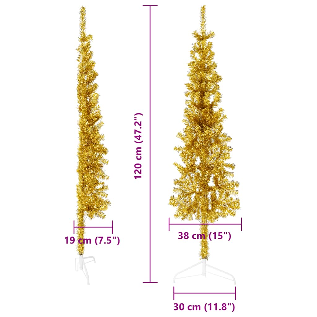 vidaXL Smukła choinka połówka ze stojakiem, sztuczna, złota, 120 cm