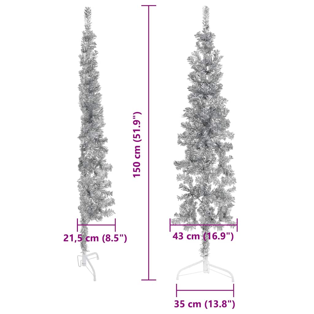 vidaXL Smukła choinka połówka ze stojakiem, sztuczna, srebrna, 150 cm