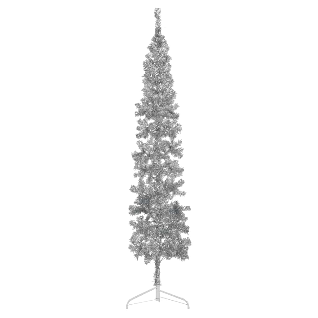 vidaXL Smukła choinka połówka ze stojakiem, sztuczna, srebrna, 240 cm