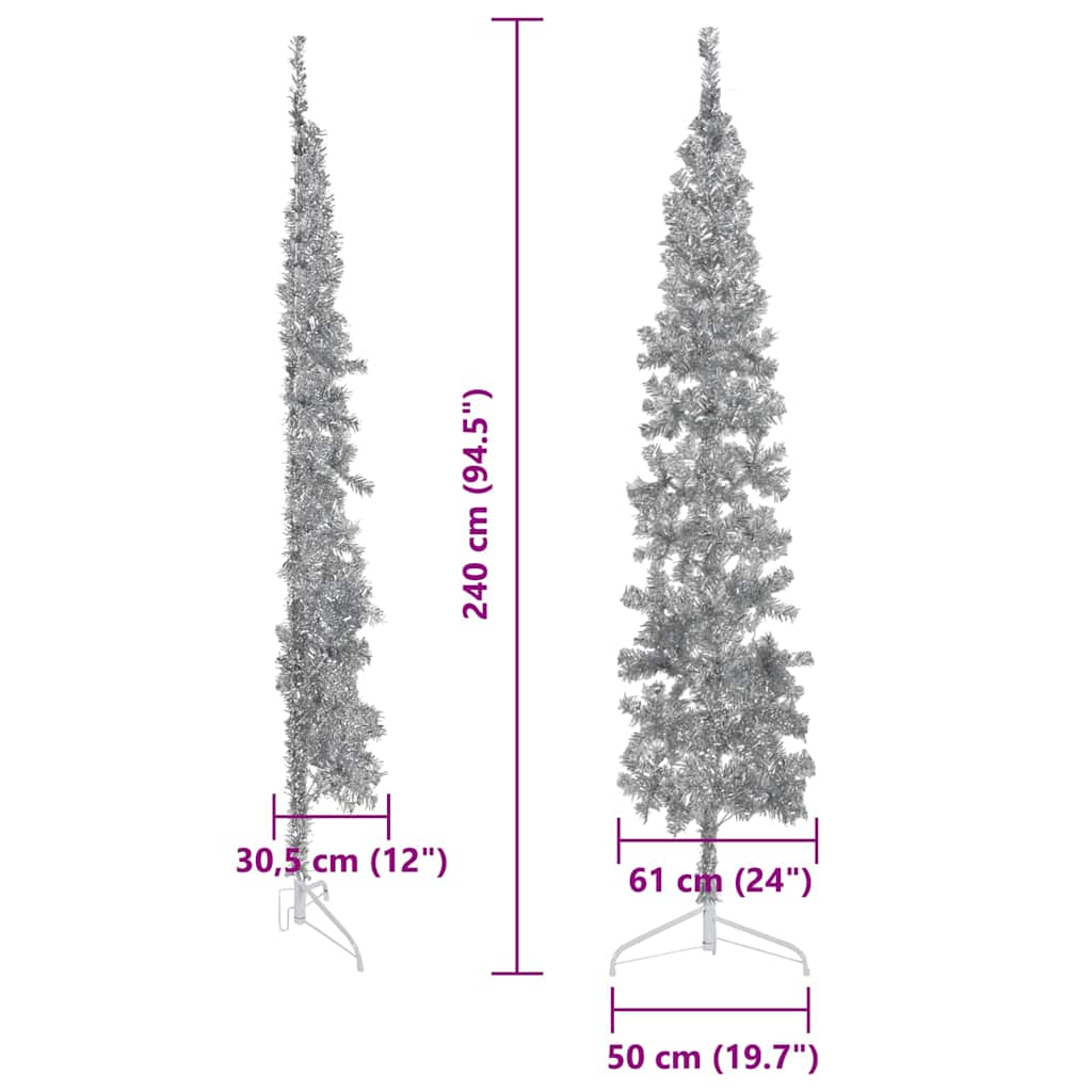 vidaXL Smukła choinka połówka ze stojakiem, sztuczna, srebrna, 240 cm
