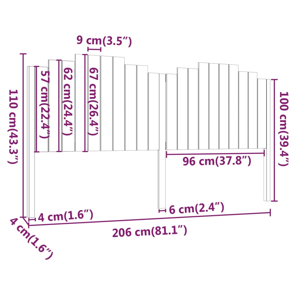 vidaXL Wezgłowie łóżka, czarne, 206x4x110 cm, lite drewno sosnowe