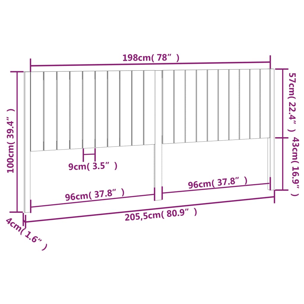 vidaXL Wezgłowie łóżka, białe, 205,5x4x100 cm, lite drewno sosnowe