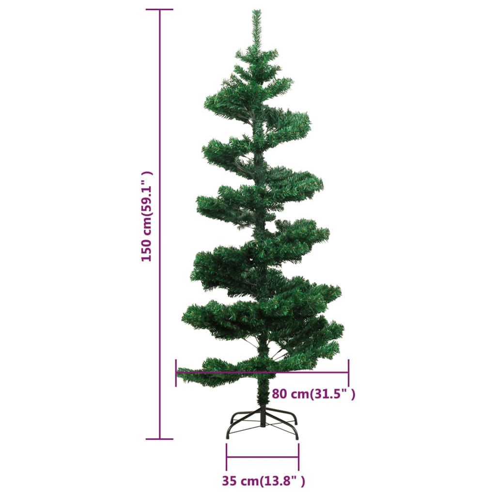 vidaXL Spiralna choinka z lampkami i stojakiem, zielona, 150 cm, PVC