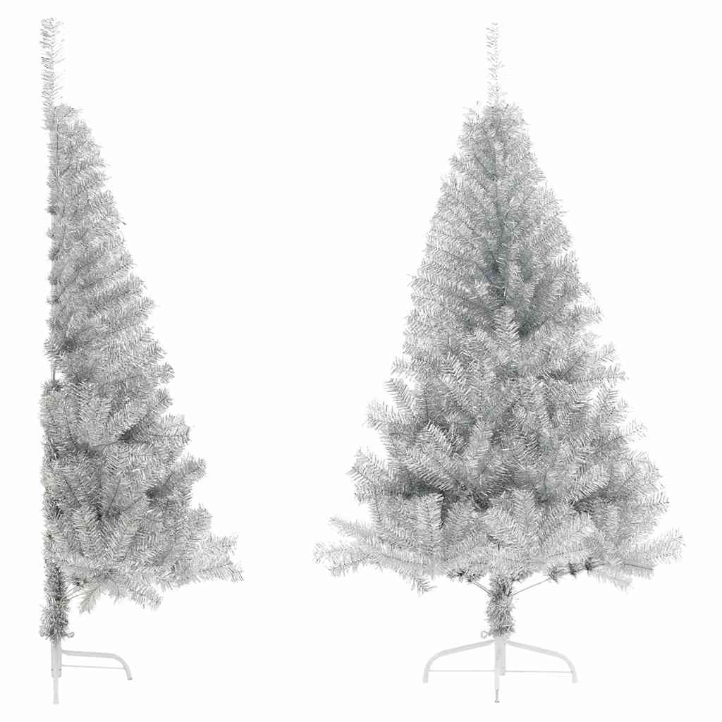 vidaXL Sztuczna choinka połówka ze stojakiem, srebrna, 120 cm, PET