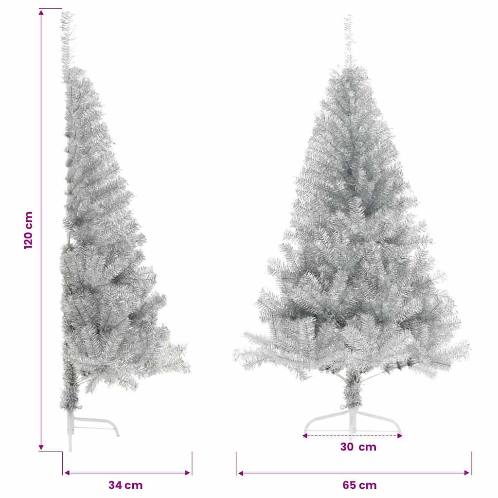 vidaXL Sztuczna choinka połówka ze stojakiem, srebrna, 120 cm, PET