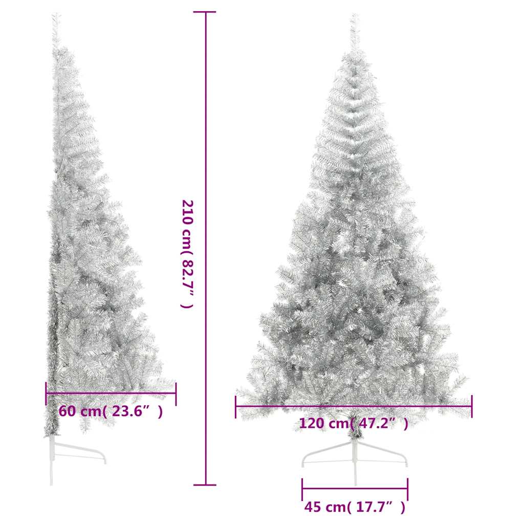 vidaXL Sztuczna choinka połówka ze stojakiem, srebrna, 210 cm, PET