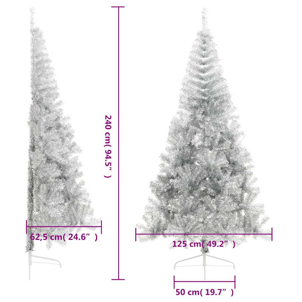 vidaXL Sztuczna choinka połówka ze stojakiem, srebrna, 240 cm, PET