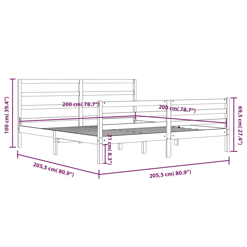 vidaXL Rama łóżka, szara, lite drewno sosnowe, 200 x 200 cm