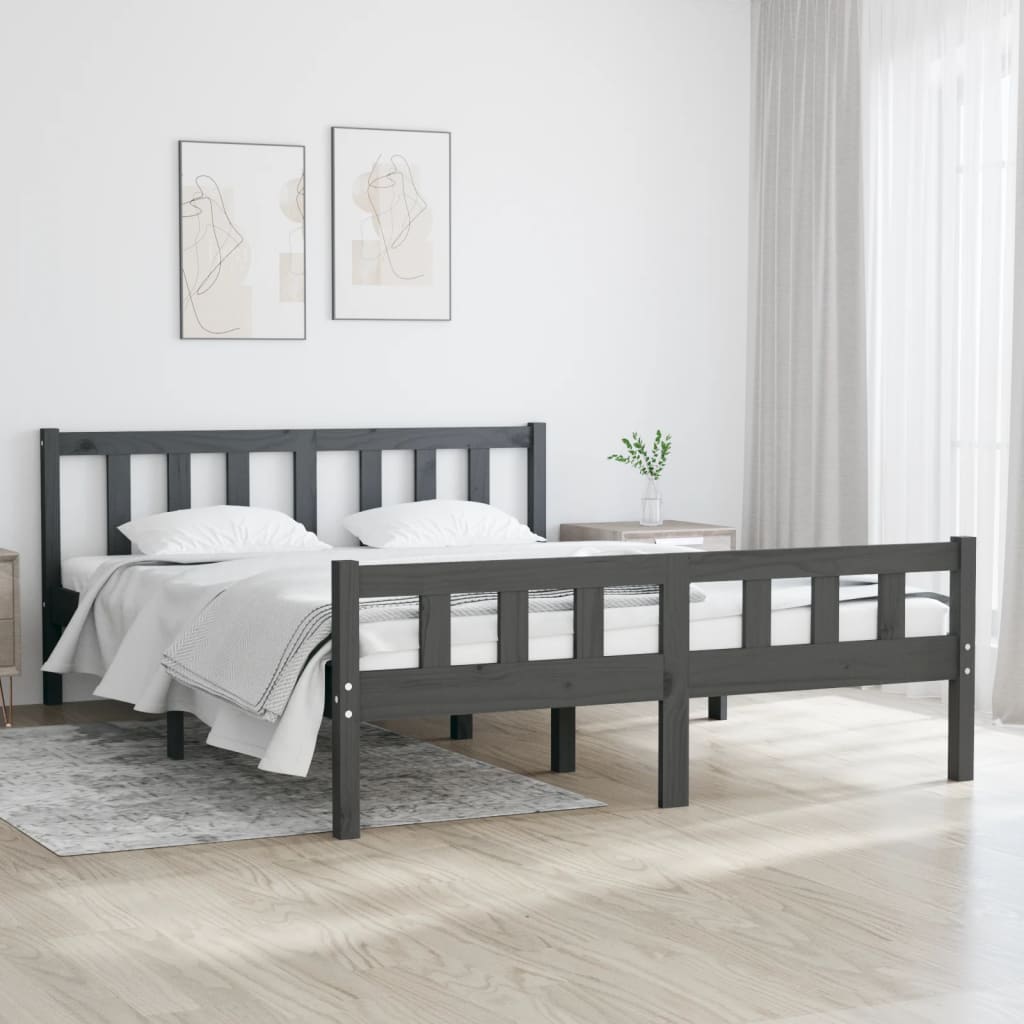 vidaXL Rama łóżka, szara, lite drewno, 140 x 190 cm