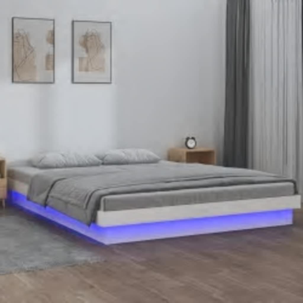 vidaXL Rama łóżka z LED, biała, 160x200 cm, lite drewno