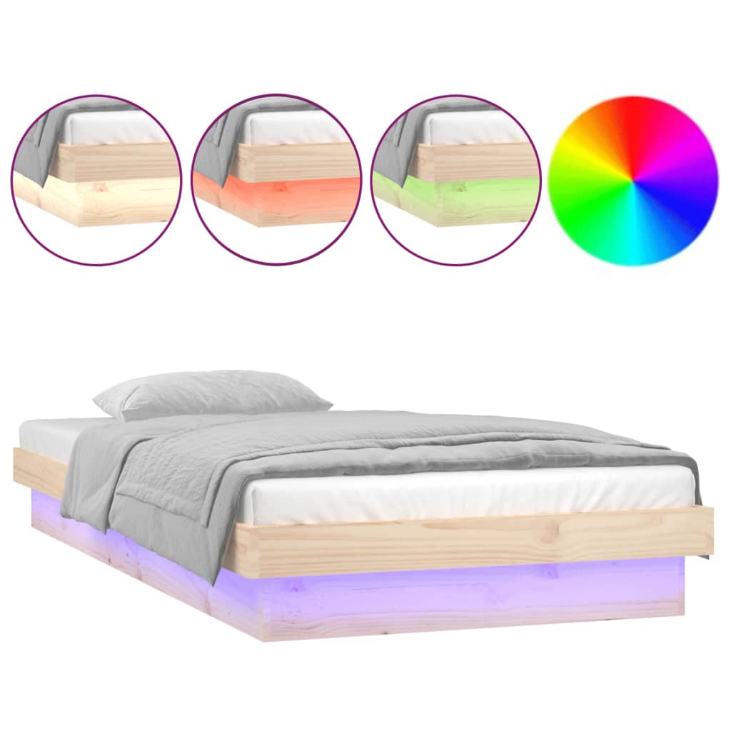 vidaXL Rama łóżka z LED, 75x190 cm, pojedyncza, lite drewno