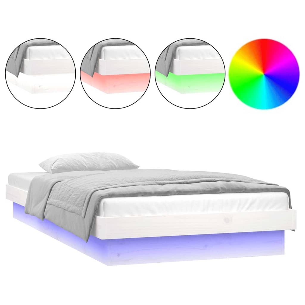 vidaXL Rama łóżka z LED, biała, 75x190 cm, pojedyncza, lite drewno