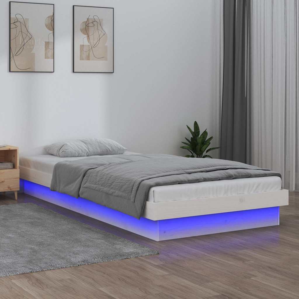 vidaXL Rama łóżka z LED, biała, 75x190 cm, pojedyncza, lite drewno