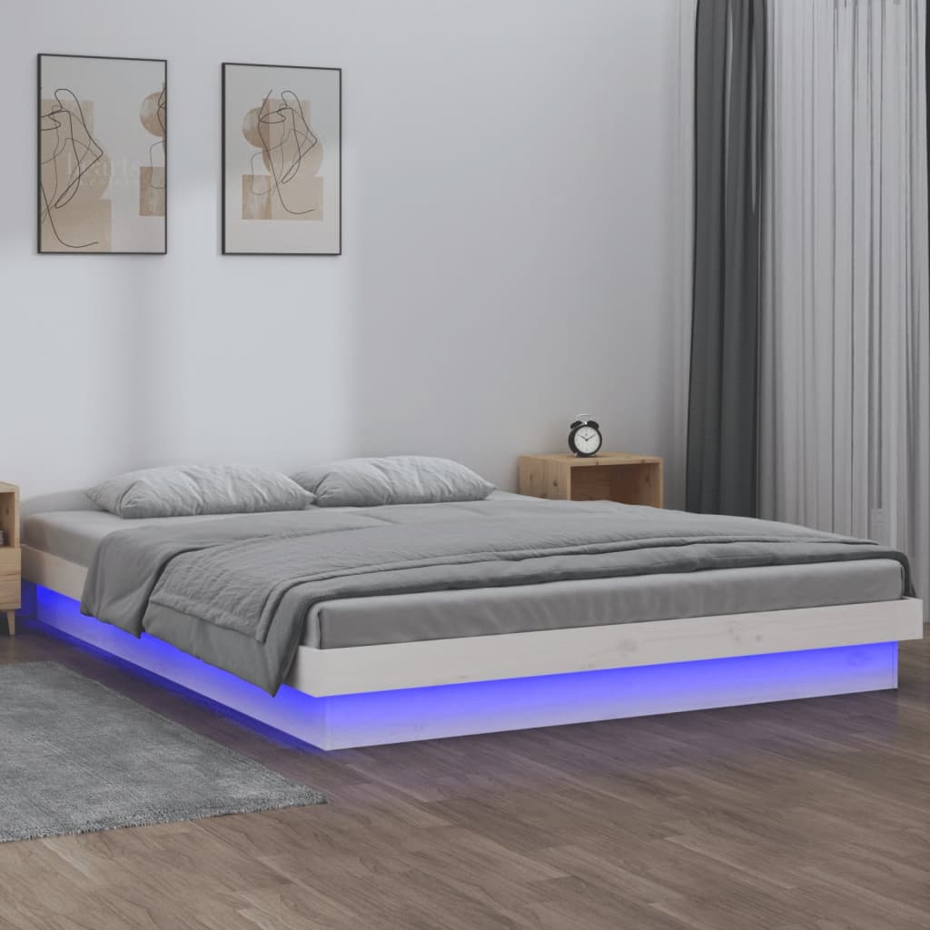 vidaXL Rama łóżka z LED, biała, 120x190 cm, podwójna, lite drewno