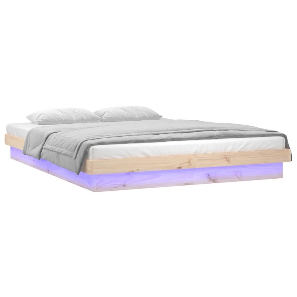 vidaXL Rama łóżka z LED, szara, 135x190 cm, podwójna, lite drewno