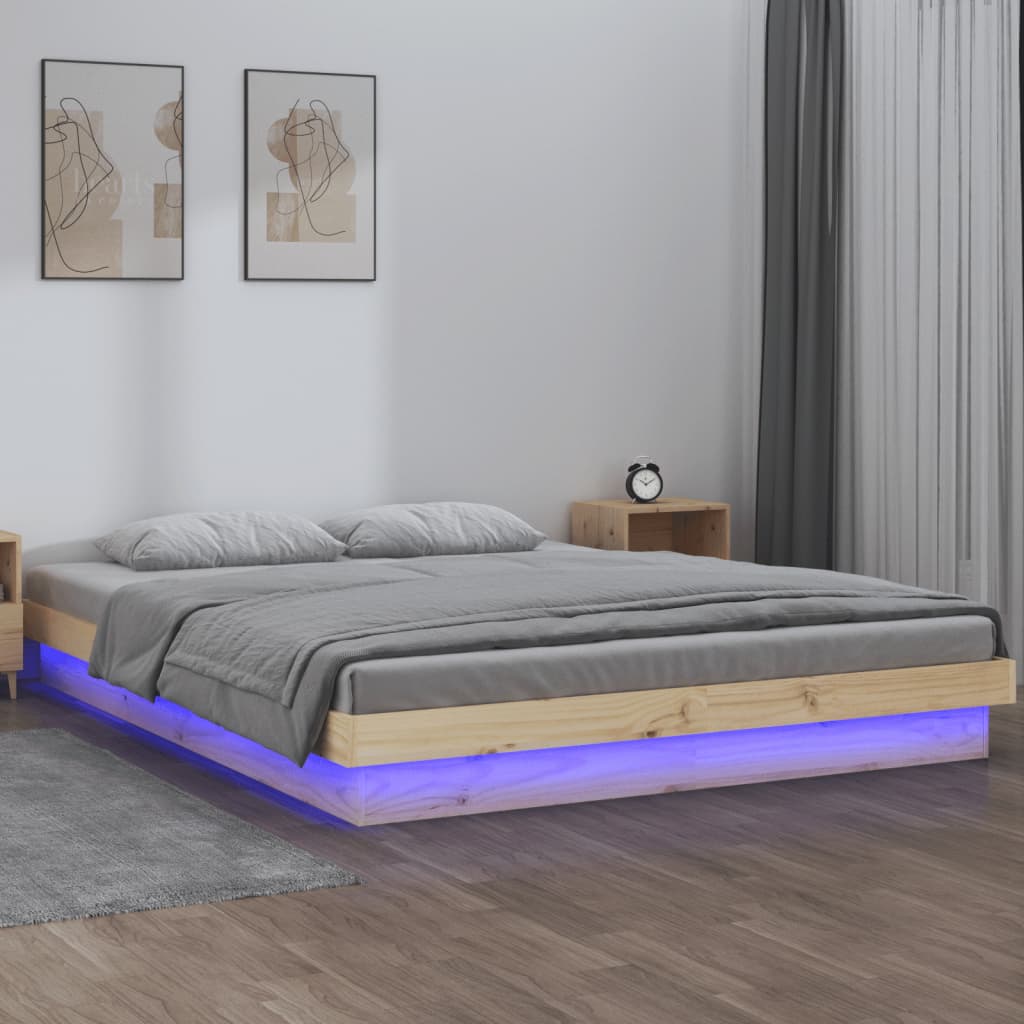 vidaXL Rama łóżka z LED, szara, 135x190 cm, podwójna, lite drewno
