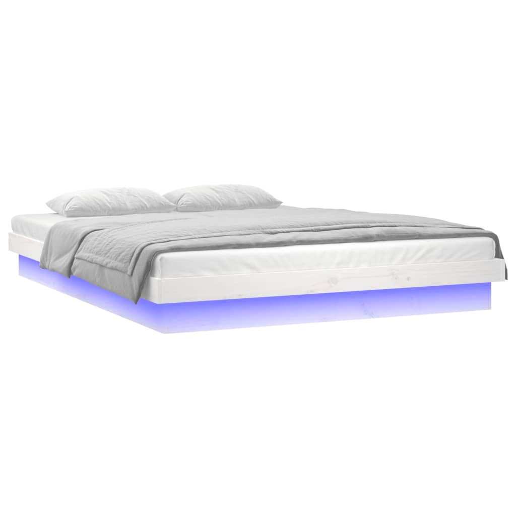 vidaXL Rama łóżka z LED, biała, 135x190 cm, podwójna, lite drewno