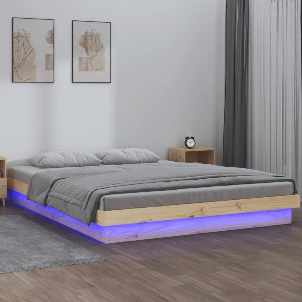 vidaXL Rama łóżka z LED, 140x190 cm, lite drewno