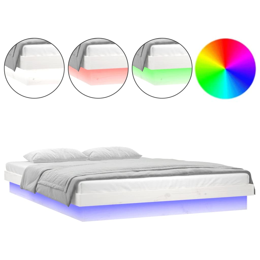 vidaXL Rama łóżka z LED, biała, 140x190 cm, lite drewno