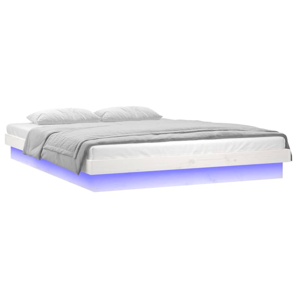 vidaXL Rama łóżka z LED, biała, 140x190 cm, lite drewno