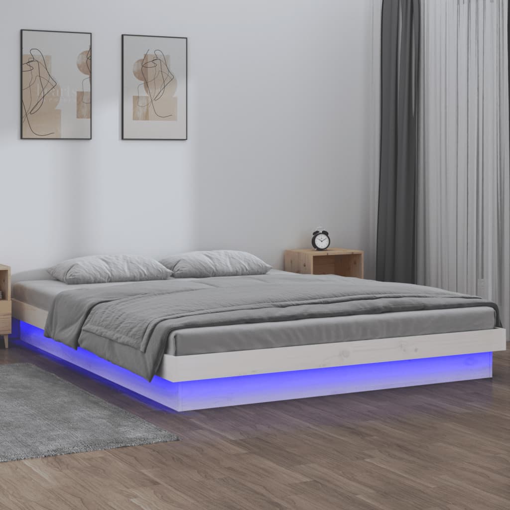 vidaXL Rama łóżka z LED, biała, 140x190 cm, lite drewno